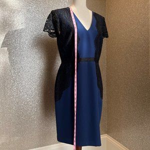 Aqua Cap Sleeve Lace Sheath Dress, Size 12, Navy & Black